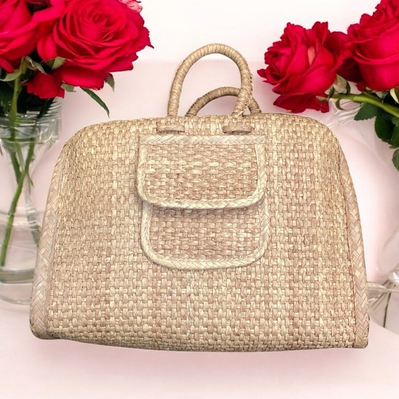 Vintage Handbags - Vintage Large Wicker Satchel Briefcase Tote, Light Tan